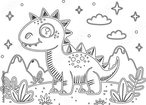 colourful, coloring page, coloring page for kids, page for kids, adorable dinosaur coloring page, dinosaur, fossil, T-Rex, ancient, history, cartoon illustration, cartoon design, animal art, cartoon, 