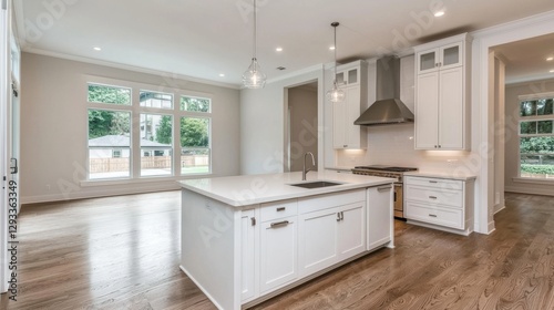 Wallpaper Mural Bright, modern kitchen with white cabinets, island, and hardwood floors. Interior design of a home. Torontodigital.ca