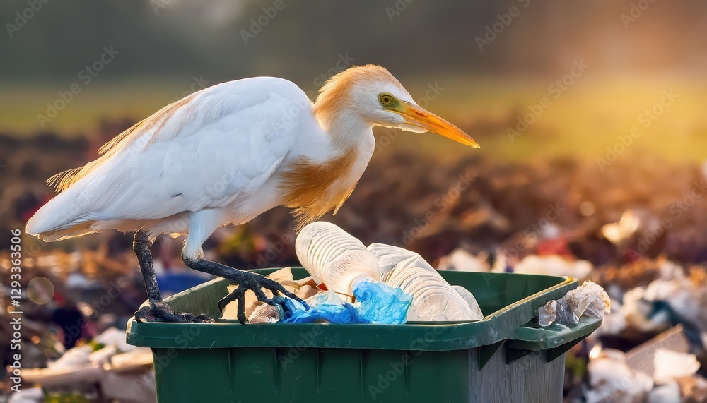 Obraz premium Cattle Egret Bubulcus ibis Scavenging through Trash with a Determined Eye and Pristine White Feathers in Contrast to the Gritty Urban Background, Capturing the Coexistence of Nature and