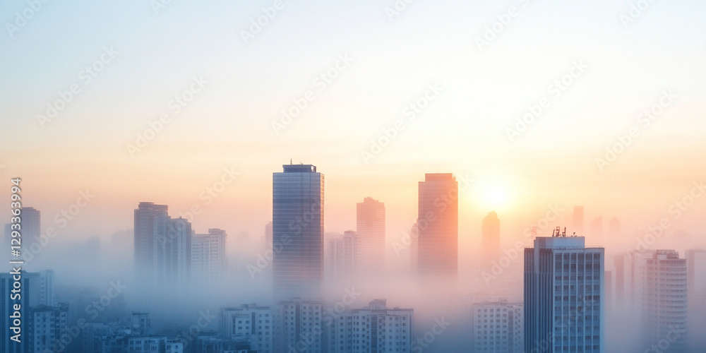 Fototapeta premium city skyline shrouded in dense smog at sunrise, creating serene yet eerie atmosphere. buildings emerge softly from fog, highlighting urban life