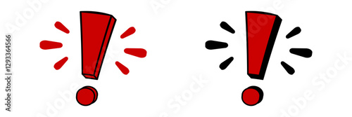 Two bold red exclamation marks, each accented with unique stylized lines, symbolizing emphasis and urgency.