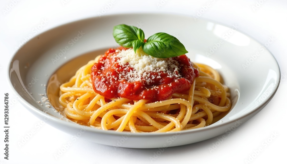 Classic spaghetti with tomato sauce. Italian pasta topped with grated cheese, basil leaf served on white plate. Traditional Mediterranean cuisine dish. Restaurant menu item on white background. Classic spaghetti with tomato sauce. Italian pasta topped with grated cheese, basil leaf served on white plate. Traditional Mediterranean cuisine dish. Restaurant menu item on white background.