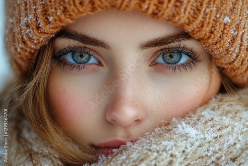 Young woman in warm winter clothing with striking blue eyes and snow-covered surroundings