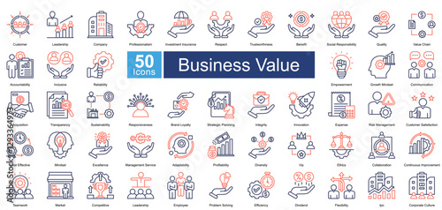 Business Value icon set in Dual Tone style, featuring 50 icons of leadership, trust, innovation, and corporate growth. Perfect for business strategy, branding, and organizational development.