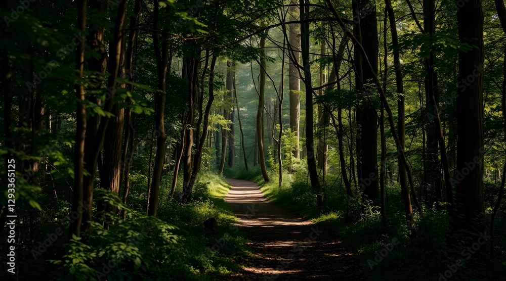 Fototapeta premium Serene forest path illuminated by sunlight, surrounded by lush greenery and tall trees, inviting exploration into a tranquil wilderness filled with natural beauty and peaceful ambiance. 