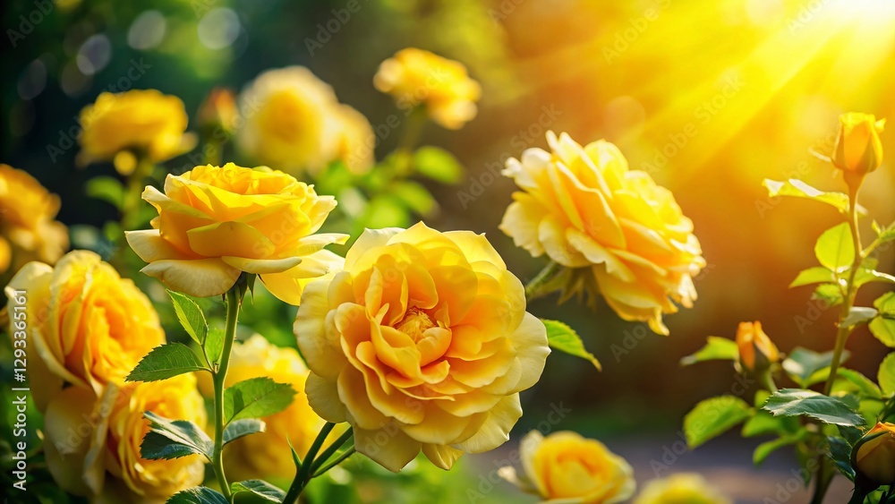 Sunny Summer Garden: Vibrant Yellow Rose Blooms in Full Sunlight Sunny Summer Garden: Vibrant Yellow Rose Blooms in Full Sunlight