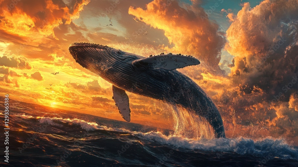 Obraz premium Whale breaching at sunset, dramatic clouds.