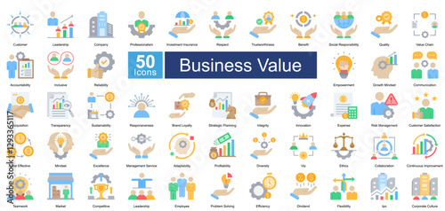 Business Value icon set in Flat Color style, featuring 50 icons of leadership, trust, innovation, and corporate growth. Perfect for business strategy, branding, and organizational development.