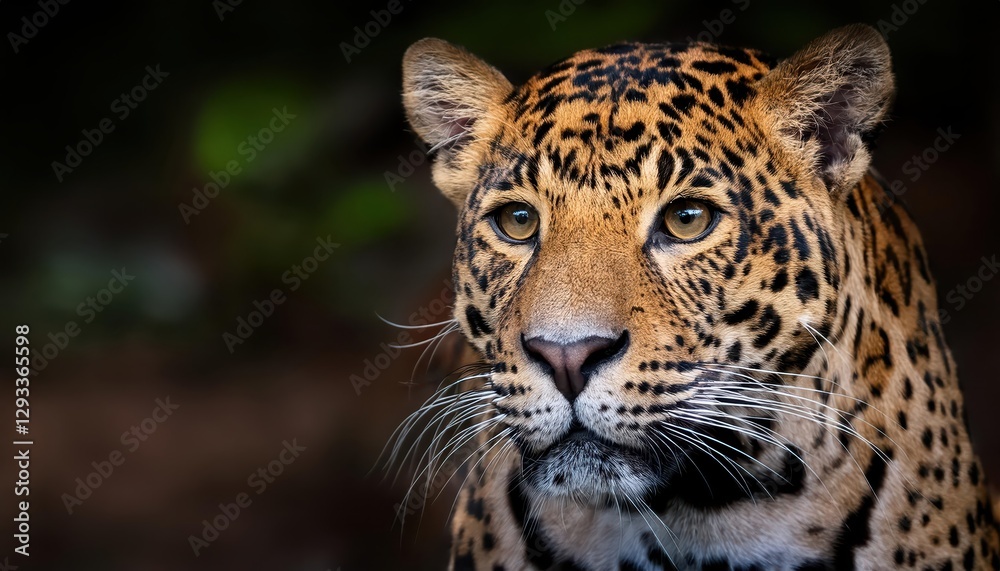 Obraz premium Striking Closeup Portrait of the Majestic Sri Lankan Leopard Panthera pardus kotiya, Displaying Vibrant Fur and Intense Eyes, Captured in a Tropical Rainforest Setting at Dawn.