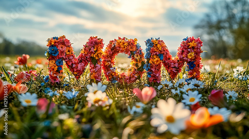The inscription MOM made of flowers against a background of nature. Mother's day banner