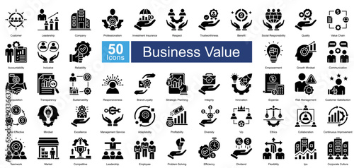 Business Value icon set in Glyph style, featuring 50 icons of leadership, trust, innovation, and corporate growth. Perfect for business strategy, branding, and organizational development.