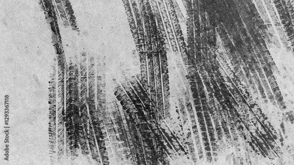 Black tire marks on road, Black rubber tire marks and tread marks, Tire trace track wheels texture and background, Auto tire tread grunge, Car wheel tyre tread track black tyre print, Top view.