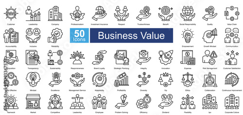 Business Value icon set in Line style, featuring 50 icons of leadership, trust, innovation, and corporate growth. Perfect for business strategy, branding, and organizational development.