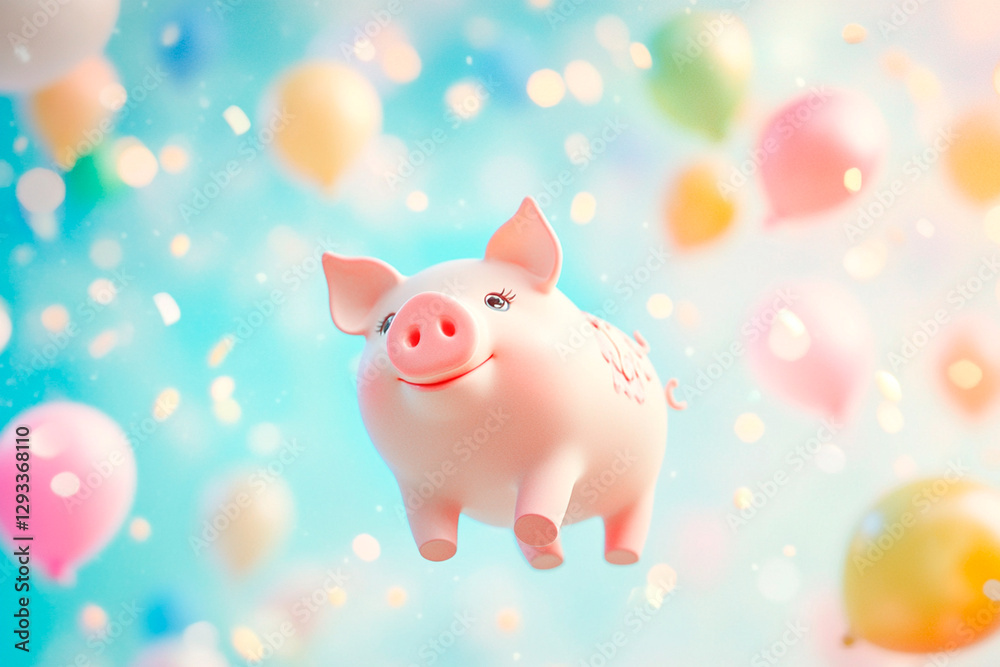 A cute piggy bank is floating in the sky with colorful balloons, pastel colors, soft lighting, minimalist background, hyper-realistic photographic style, high-resolution photography. A cute piggy bank is floating in the sky with colorful balloons, pastel colors, soft lighting, minimalist background, hyper-realistic photographic style, high-resolution photography.
