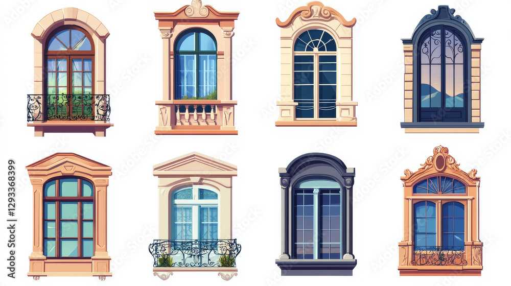 Vector house glass window frame isolated cartoon set on white background. Vintage building exterior illustration element collection. Beautiful architecture with retro and modern profile clipart