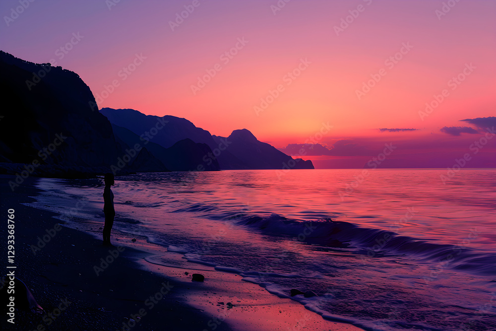 Contemplative Silhouette at Sunset by the Tranquil Coastline Contemplative Silhouette at Sunset by the Tranquil Coastline