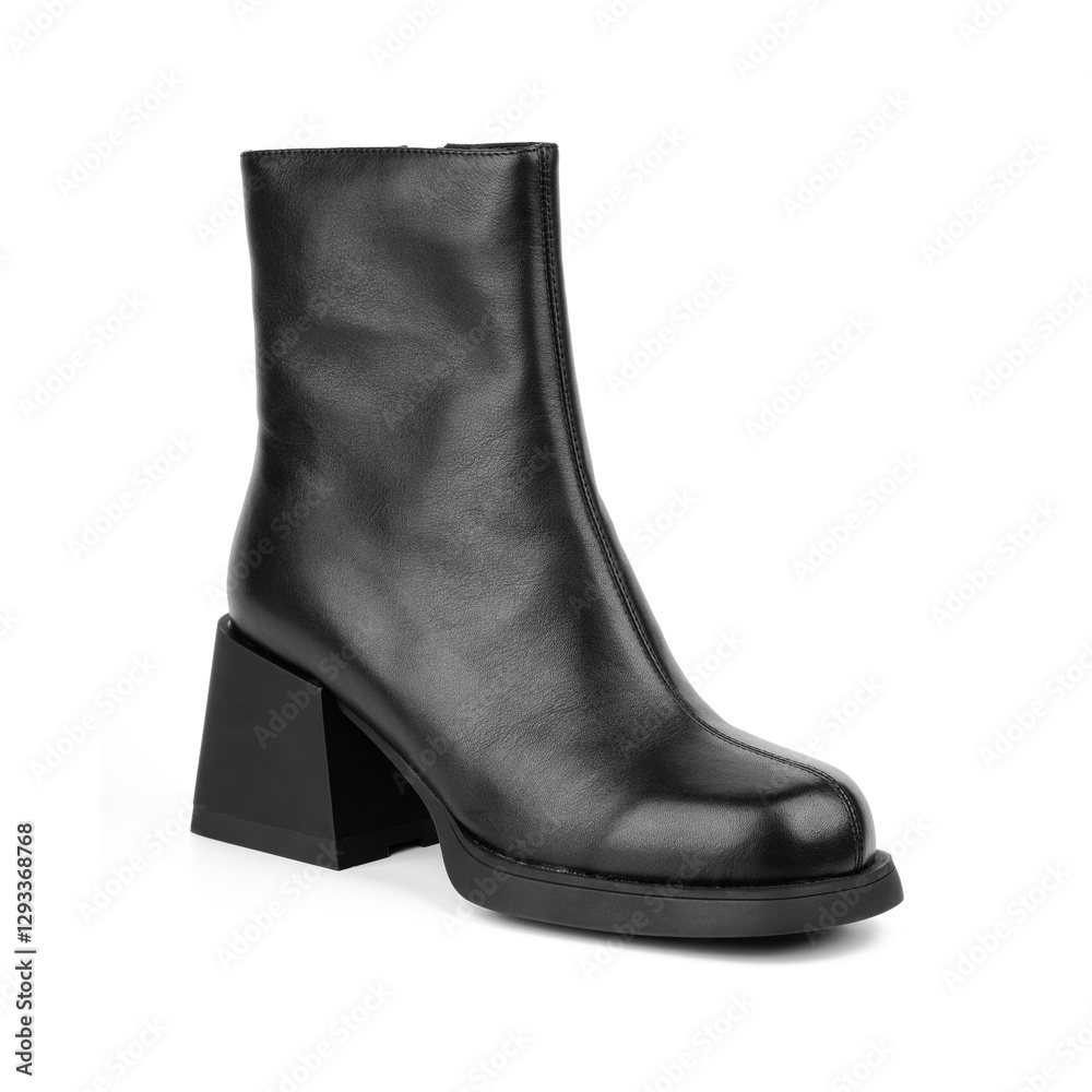 Women's shoes on a white background. Close up of a women's black leather chelsea boots on white background. Footwear for city, urban lifestyle or traveling. Concept of fashion, design and footwear. Women's shoes on a white background. Close up of a women's black leather chelsea boots on white background. Footwear for city, urban lifestyle or traveling. Concept of fashion, design and footwear.