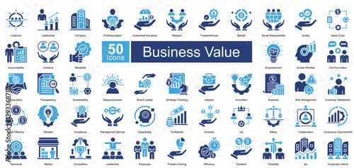 Business Value icon set in Two Color style, featuring 50 icons of leadership, trust, innovation, and corporate growth. Perfect for business strategy, branding, and organizational development.