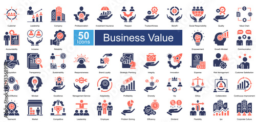 Business Value icon set in Mixed style, featuring 50 icons of leadership, trust, innovation, and corporate growth. Perfect for business strategy, branding, and organizational development.