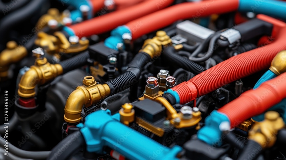 Close up of a car engine with colorful pipes and wires. Concept of automotive, engineering, and technology. Close up of a car engine with colorful pipes and wires. Concept of automotive, engineering, and technology.