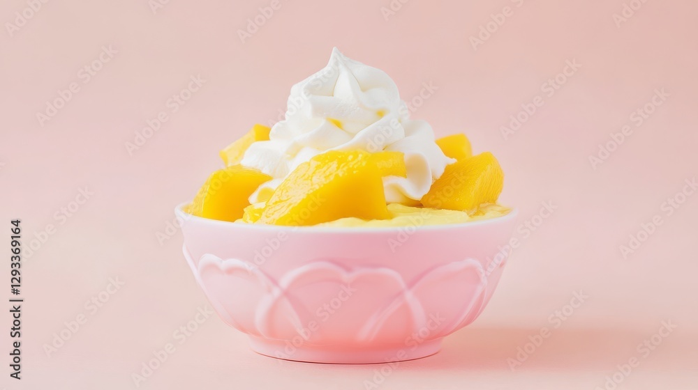 Scrumptious Mango Dessert with Whipped Cream in a Pink Bowl Scrumptious Mango Dessert with Whipped Cream in a Pink Bowl