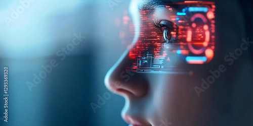 Close up of futuristic digital ID verification system showcasing advanced technology and biometric scanning, reflecting data on person face. image evokes sense of innovation and security