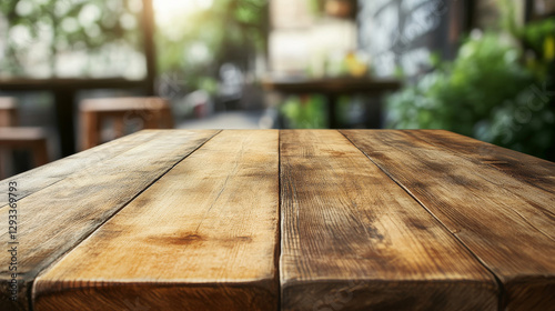 Fototapeta Naklejka Na Ścianę i Meble -  Wooden kitchen table corner, perspective view with texture. Wood tabletop angle surface for product presentation. 3d empty garden desk on foreground for dining display in rustic restaurant template