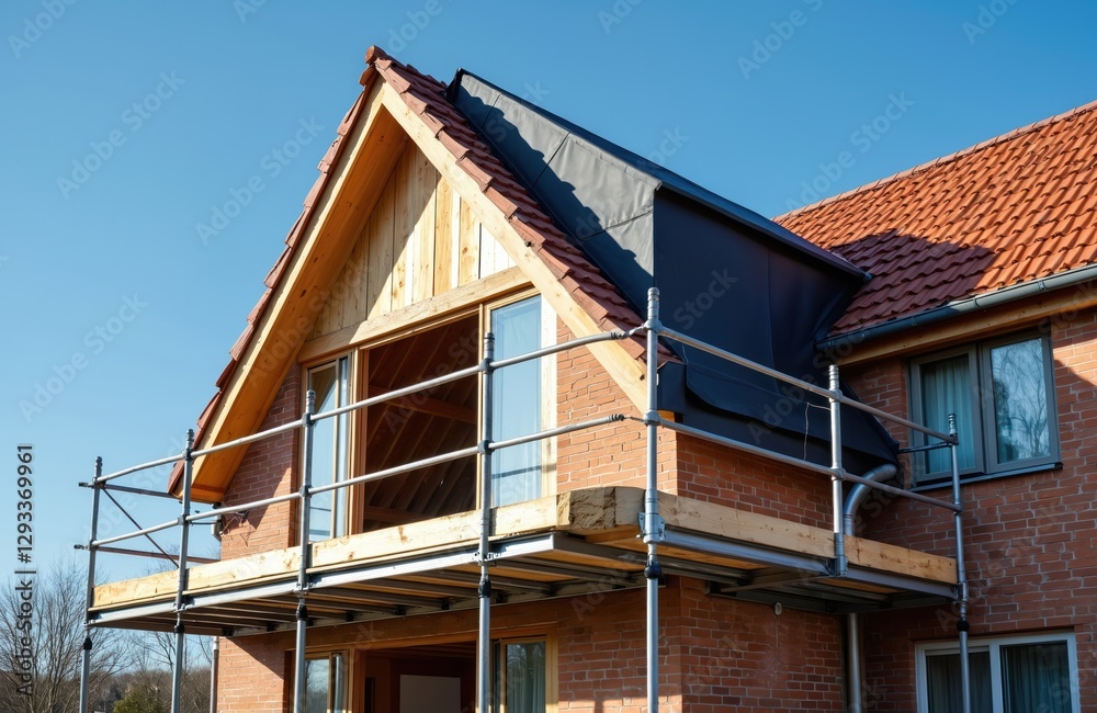 Construction work on house with brick walls, gable roof dormer, and scaffolding. Extending living space, building dormer. Carpentry work, framing. Home improvement, renovation project. Construction work on house with brick walls, gable roof dormer, and scaffolding. Extending living space, building dormer. Carpentry work, framing. Home improvement, renovation project.