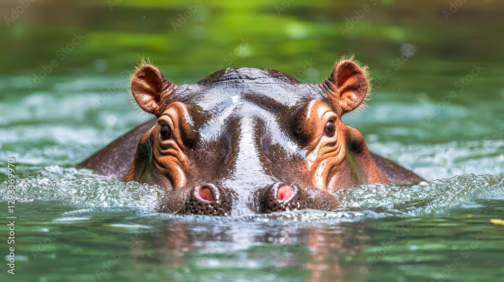 Fototapeta premium Close up of a hippopotamus swimming in the water. The hippo's head and eyes are visible above the water.