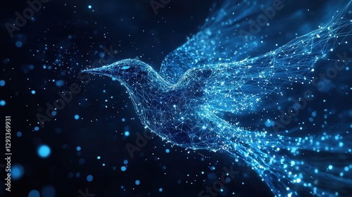 A blue bird in mid-flight, crafted from interconnected lines and dots, showcases spread wings poised for soaring flight. Its vibrant form glides gracefully through the sky photo