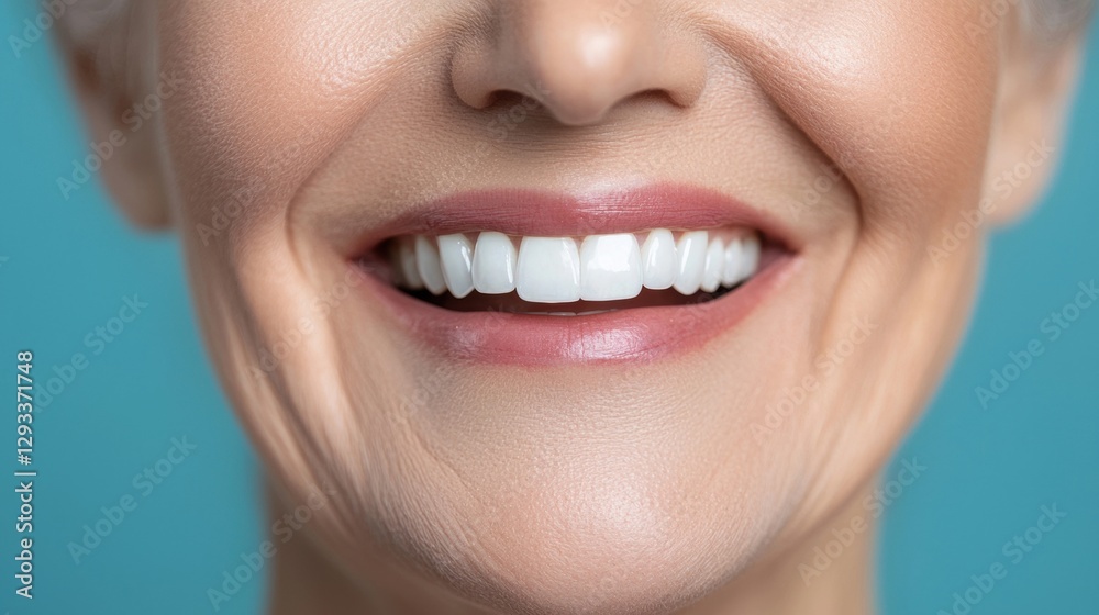 Fototapeta premium Close up of a smiling mature woman with perfect white teeth. Concept of dental care, whitening, veneers, and oral hygiene.