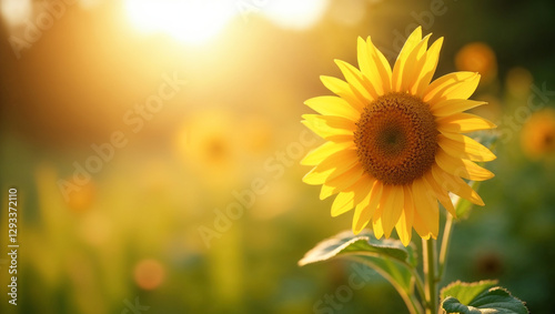 Bright sunflower blooming under golden sunlight in a vibrant field full of sunflowers creating a serene and uplifting atmosphere in the morning light