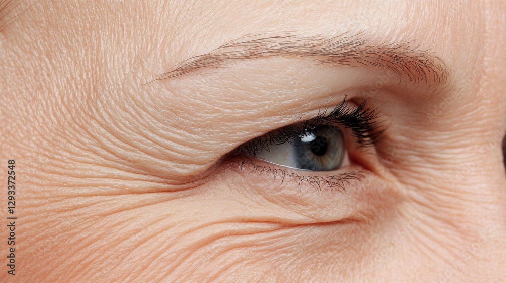 Fototapeta premium Close up of a woman's eye and skin showing wrinkles. Concept of aging, skincare, and beauty.