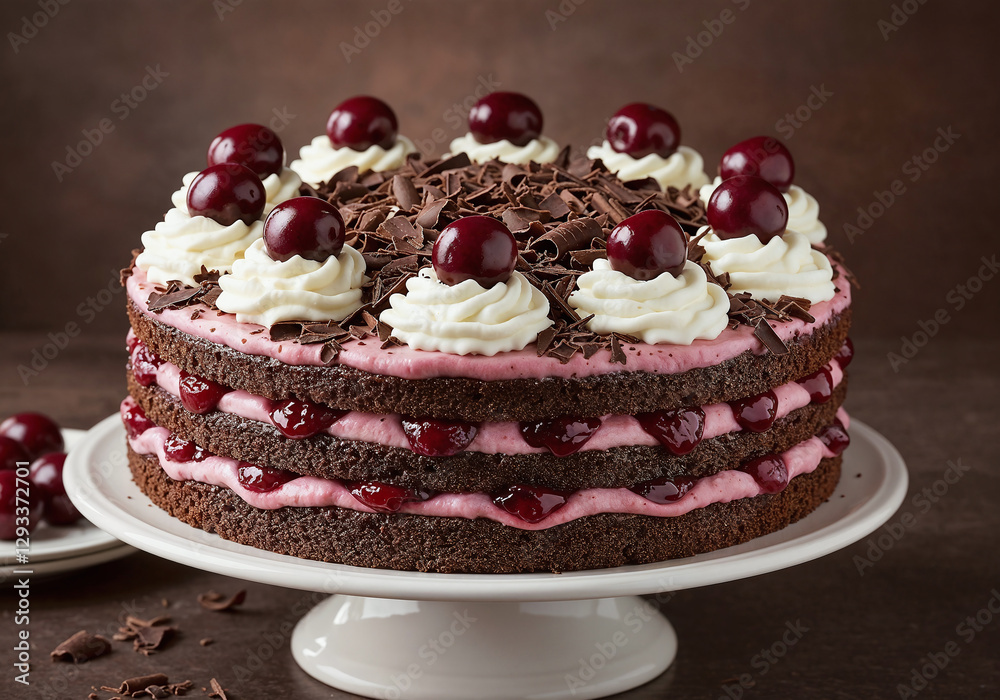 Luxurious Black Forest Cake with Cherry Filling and Chocolate Shavings Against Dark Background
Luxurious Black Forest Cake with Cherry Filling and Chocolate Shavings Against Dark Background
