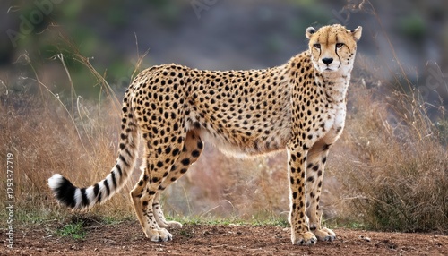 monthold Cheetah, Acinonyx jubatus, Majestically Standing in Savannah Sunset Glow, Graceful Stripes and Powerful Agility Displayed Against Orange Backdrop.