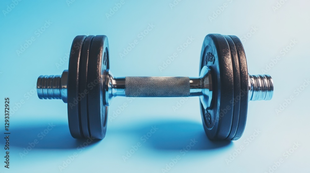Naklejka premium Close-up of a chrome dumbbell with black weights on a blue background.