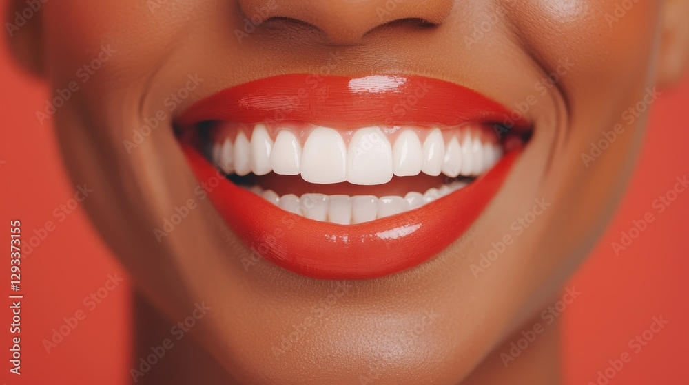 Close up of a woman's smile with red lipstick and perfect white teeth. Beauty and dental care concept. Close up of a woman's smile with red lipstick and perfect white teeth. Beauty and dental care concept.