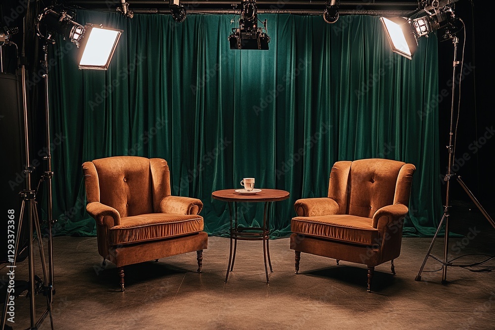 Obraz premium Studio Setup: Filmmaking Chairs, Table, Lights, and Green Screen for Interviews and Talk Shows