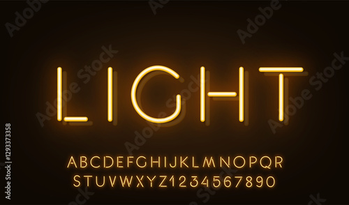 Yellow Neon Reflection font on dark background. Light glow letter and numbers for text sign.