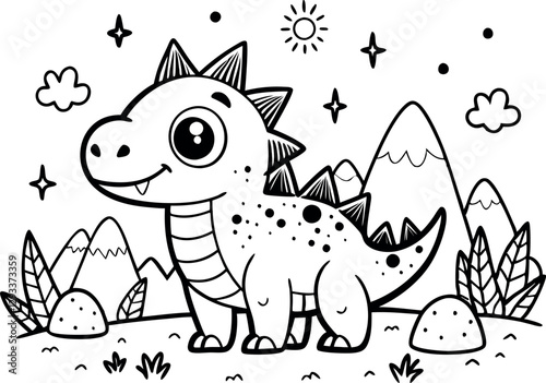 colourful, coloring page, coloring page for kids, page for kids, adorable dinosaur coloring page, dinosaur, fossil, T-Rex, ancient, history, cartoon illustration, cartoon design, animal art, cartoon, 