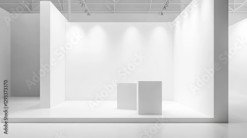 Fototapeta Naklejka Na Ścianę i Meble -  3d white stand booth for presentation event mockup. Vector promotional blank wall in room display for exhibition with table or podium. Empty expo business cube corner kiosk retail background set.
