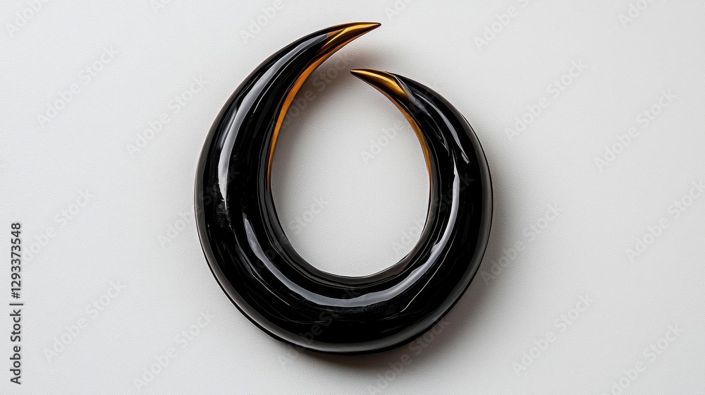 Stylized black curvy object with gold accents, white isolated background. Stylized black curvy object with gold accents, white isolated background.