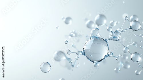 Abstract molecular structure with water droplets on a soft gradient background, representing connection and fluidity.