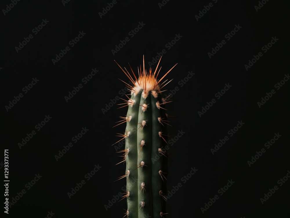 Tall cactus with vibrant orange spikes against dark background, Tall cactus with vibrant orange spikes against dark background,