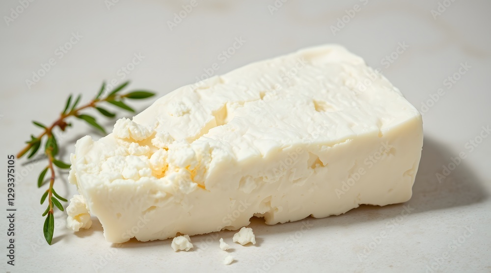 A close-up view of a block of feta cheese, showcasing its crumbly texture and fresh appearance, accompanied by a sprig of herbs, ideal for Mediterranean dishes and gourmet culinary creations. A close-up view of a block of feta cheese, showcasing its crumbly texture and fresh appearance, accompanied by a sprig of herbs, ideal for Mediterranean dishes and gourmet culinary creations.