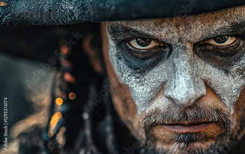 Close-up of a face with skull makeup, black and white eye shadow, a pirate hat, and large white eyes. Photorealistic and cinematic in style. 