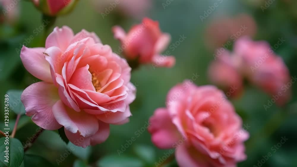Pink roses blooming in a soft focus garden setting. New Blooms Pink roses blooming in a soft focus garden setting. New Blooms