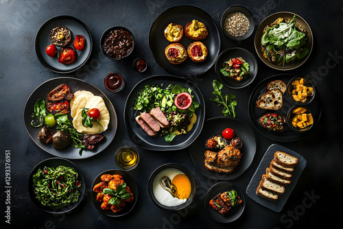 A Sophisticated Food Display, An Array of Gourmet Dishes Artfully Arranged photo