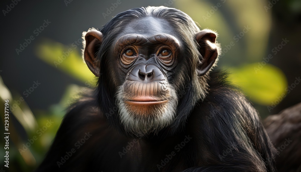 Chimpanzee in Lush Rainforest, Playful Primates Frolicking Amongst Vibrant Flora and Fauna, Capturing the Energy and Harmony of the Wild.