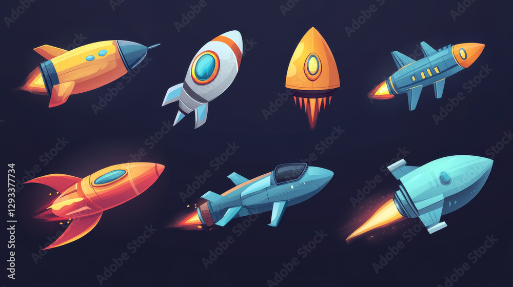Naklejka premium Alien spaceship game icons vector set. Funny rockets, ufo shuttles cartoon collection illustrations isolated on white background. Fantasy cosmic objects, computer game graphic design elements